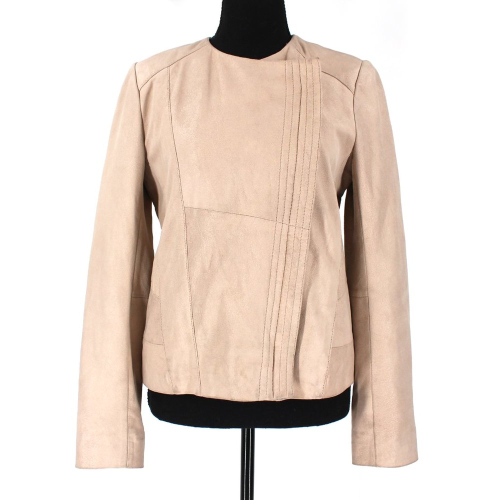 Maje Beige Lamb Leather Suede Asymmetrical Zip Up Biker Jacket 40 Cotton Small